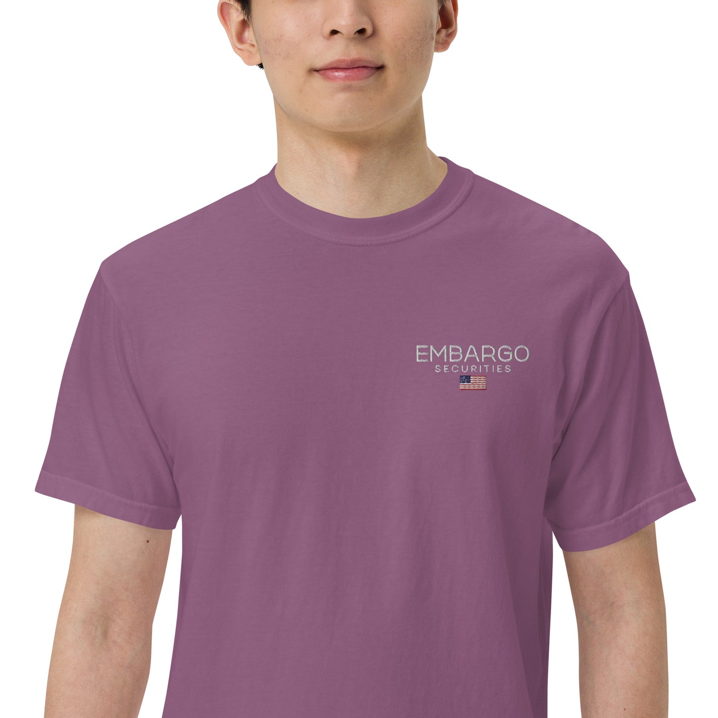 Embroidery Embargo Securities USA Flag T shirt