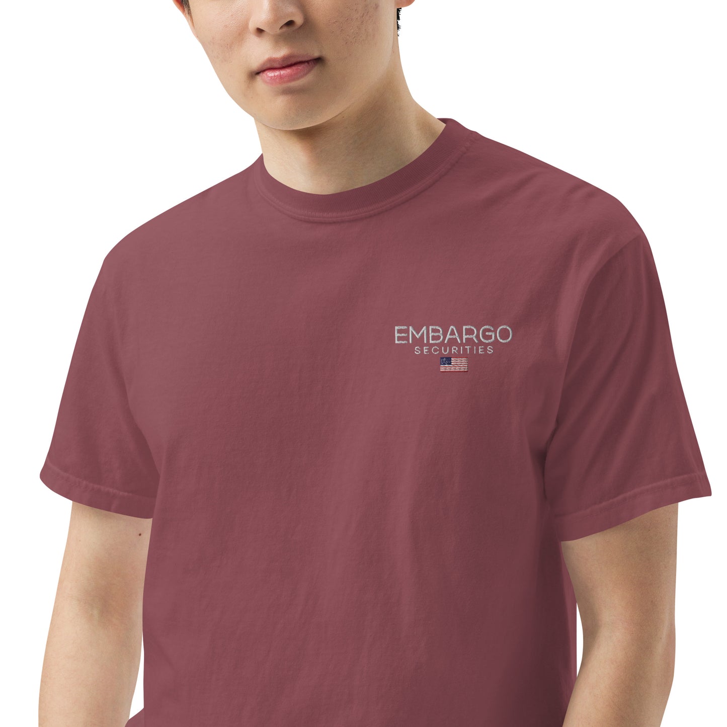 Embroidery Embargo Securities USA Flag T shirt