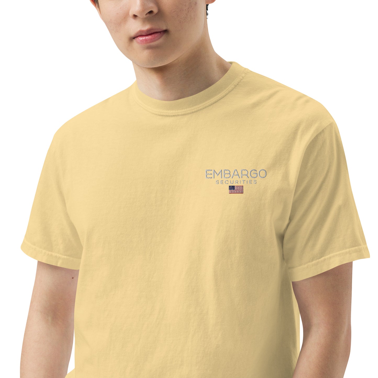 Embroidery Embargo Securities USA Flag T shirt