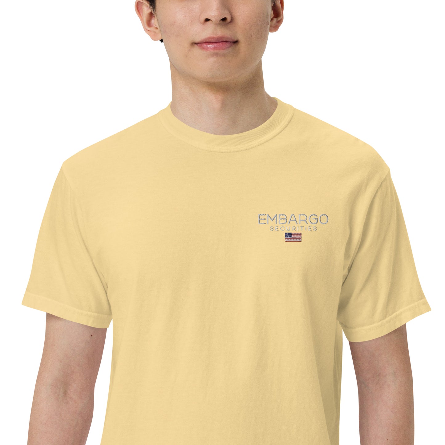 Embroidery Embargo Securities USA Flag T shirt