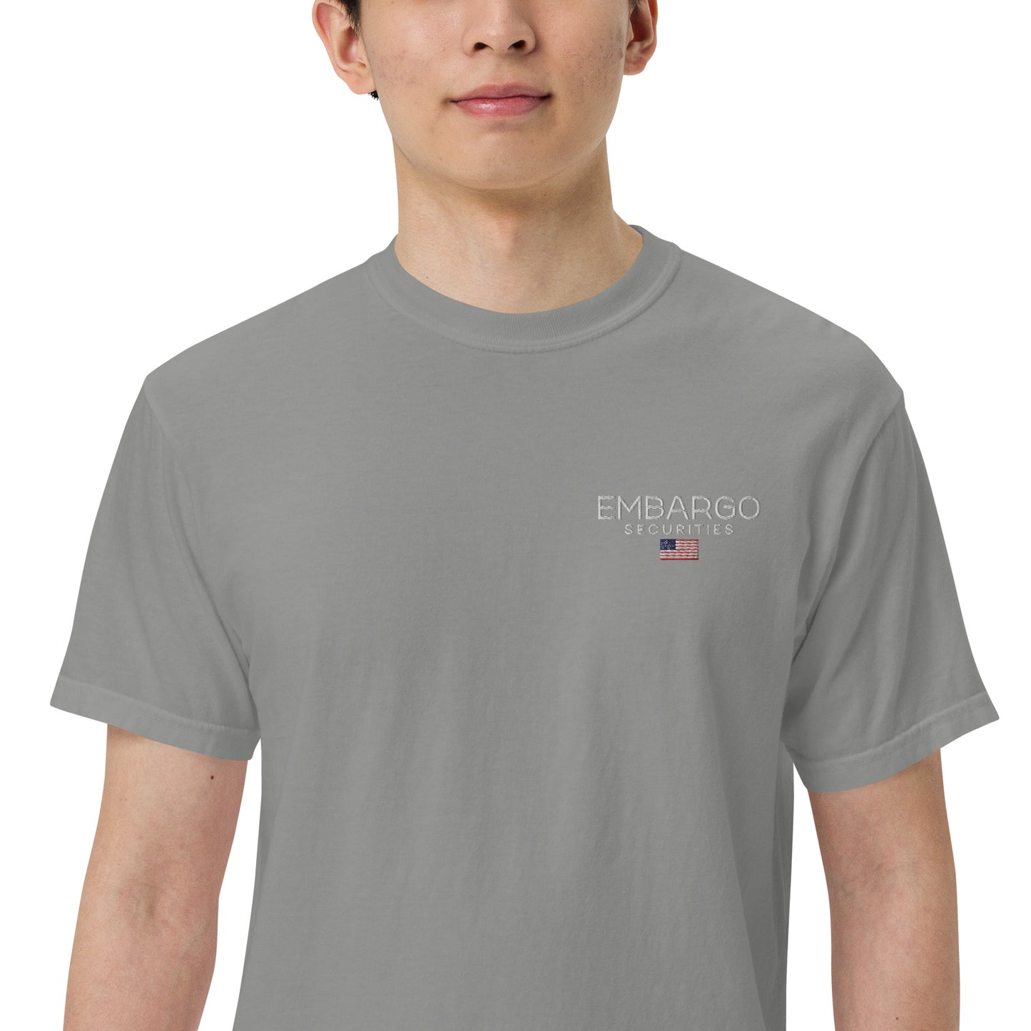 Embroidery Embargo Securities USA Flag T shirt