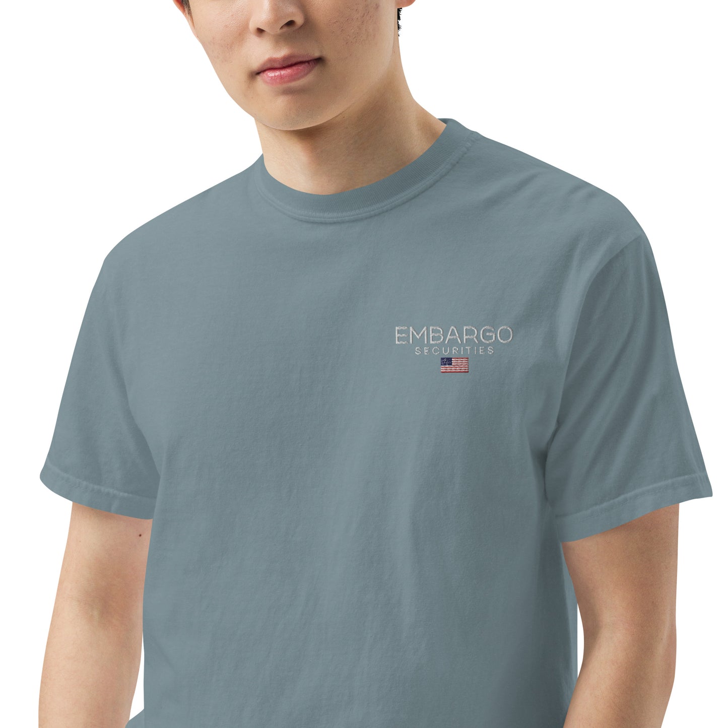 Embroidery Embargo Securities USA Flag T shirt