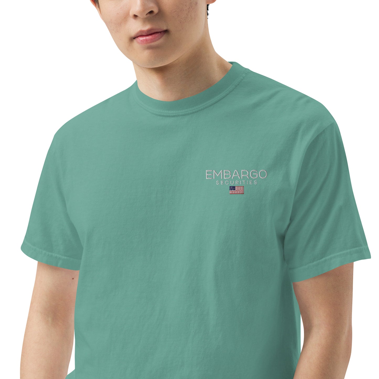 Embroidery Embargo Securities USA Flag T shirt