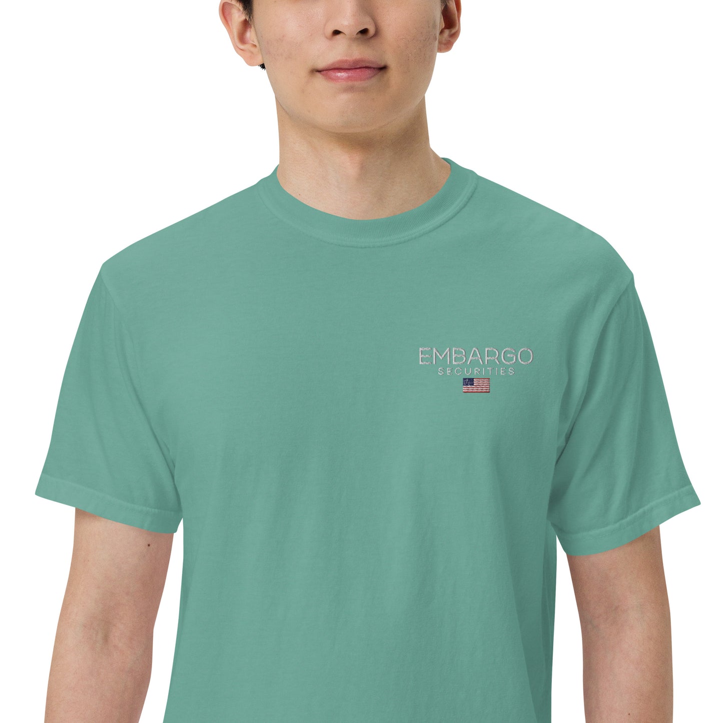 Embroidery Embargo Securities USA Flag T shirt
