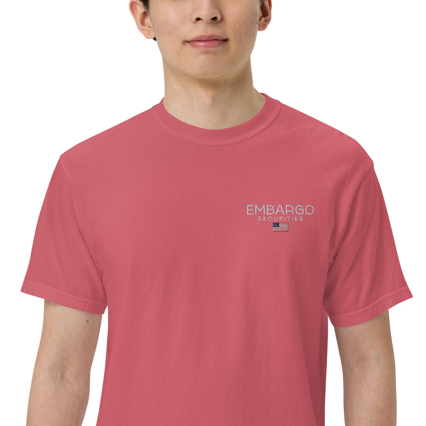 Embroidery Embargo Securities USA Flag T shirt
