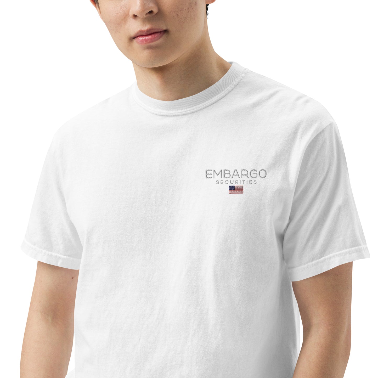 Embroidery Embargo Securities USA Flag T shirt